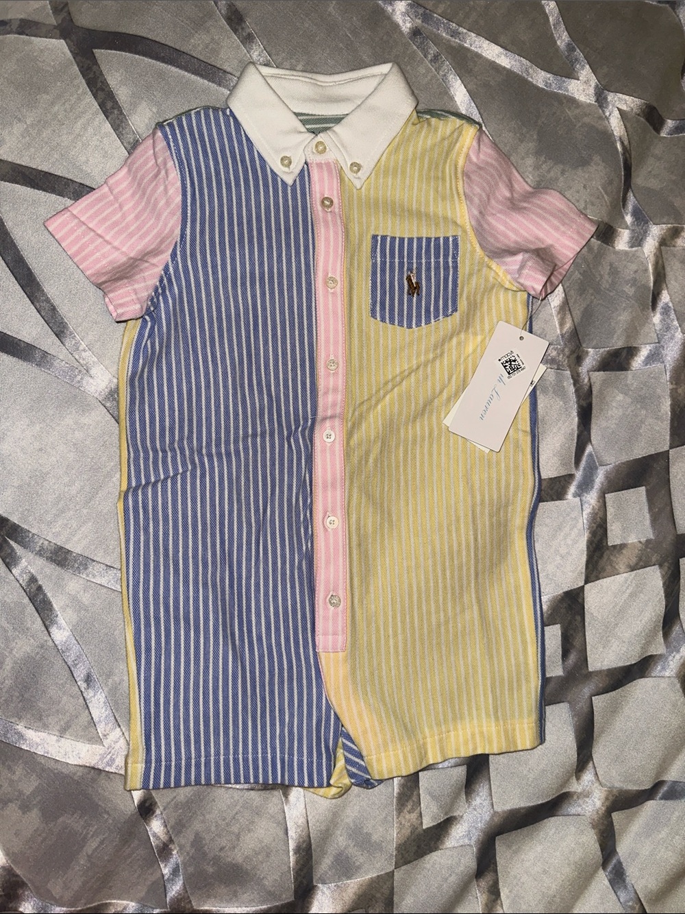 Ralph Lauren Striped Button-Down Polo Romper in Blue, Yellow & Pink